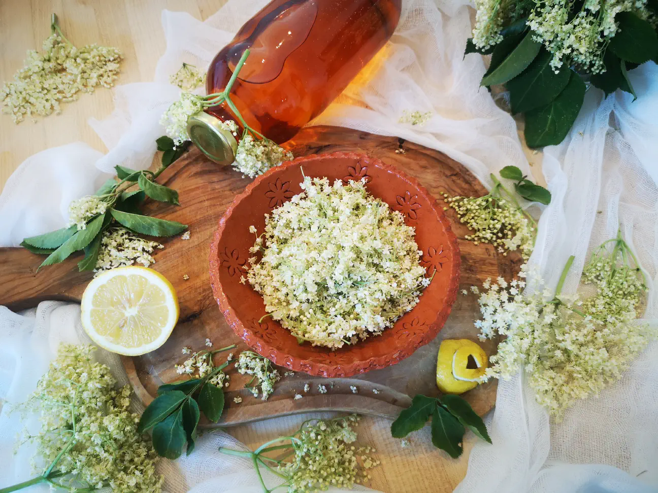 Potrebujemo jabolčni kis in nekaj bezgovih cvetov, katerim odstranimo steblo in peclje.