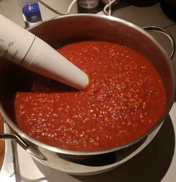 Šipkova marmelada v nastajanju - miksanje šipkovih plodov